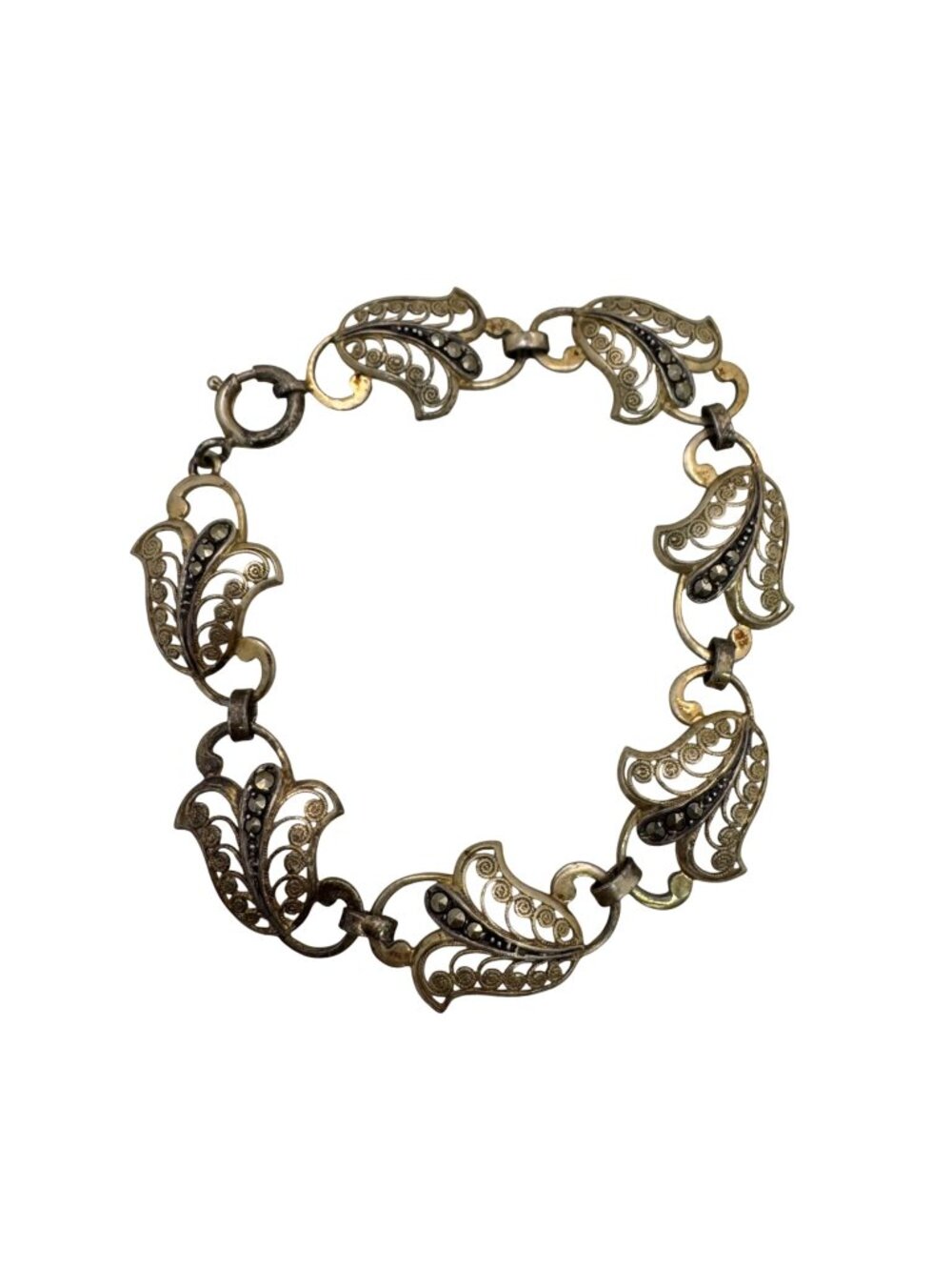 Germany Sterling Leaf Marcasite Bracelet Vintage Silver 6.5" Art Nouveau Deco